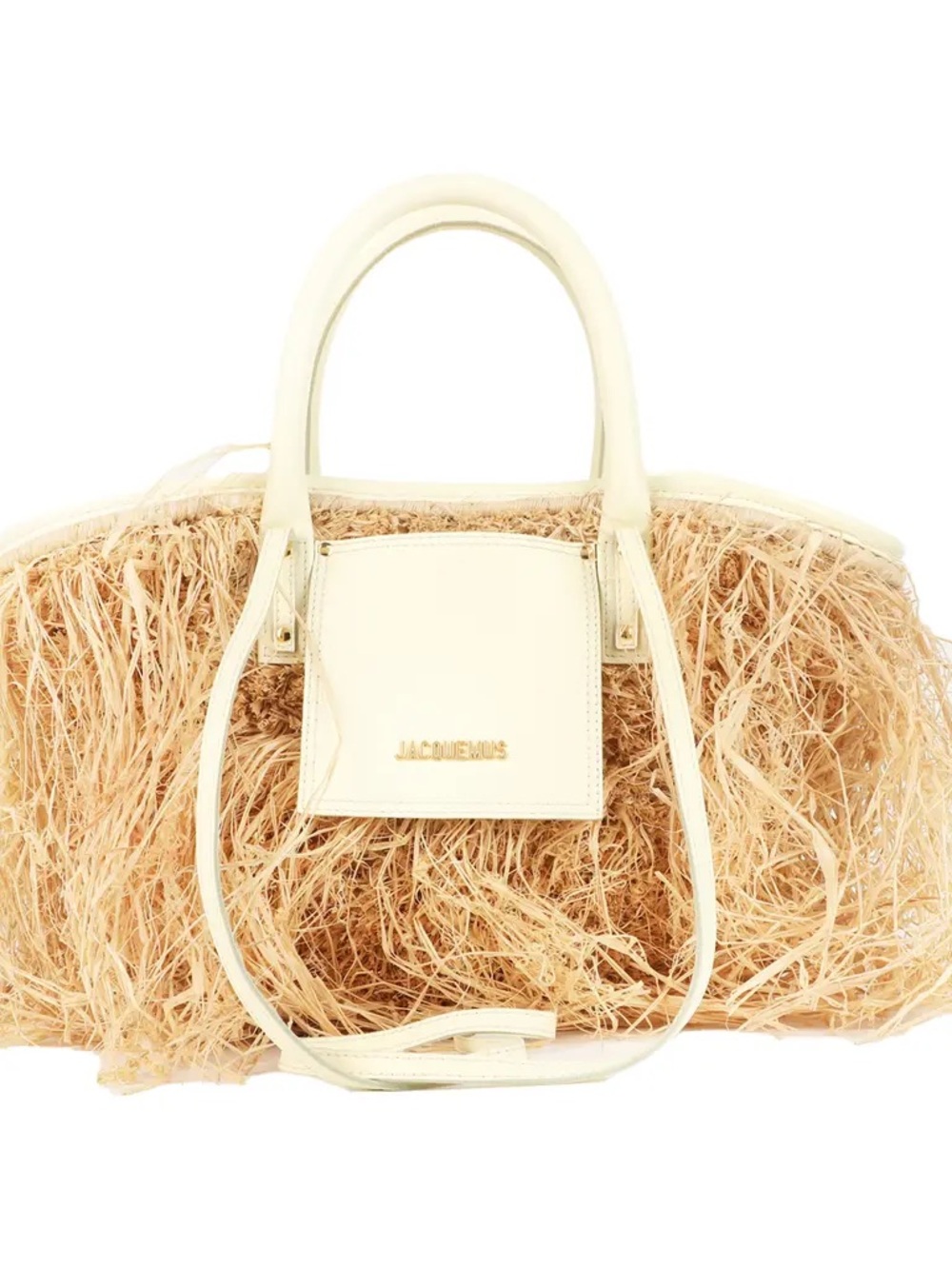 Jacquemus Natural Raffia Fringe Tote with  Cream Leather Trim